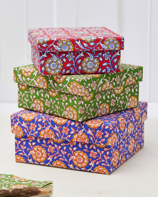 Set of 3 Jasmi Floral Blockprint Boxes