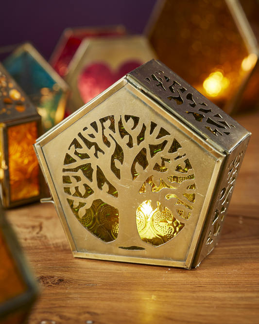 Pentagon Tree of Life Lantern Green, 12x5.5x12cm