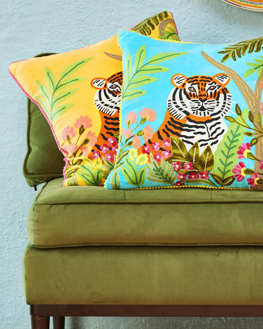 Tiger Velvet Cushion Cover - Turquoise