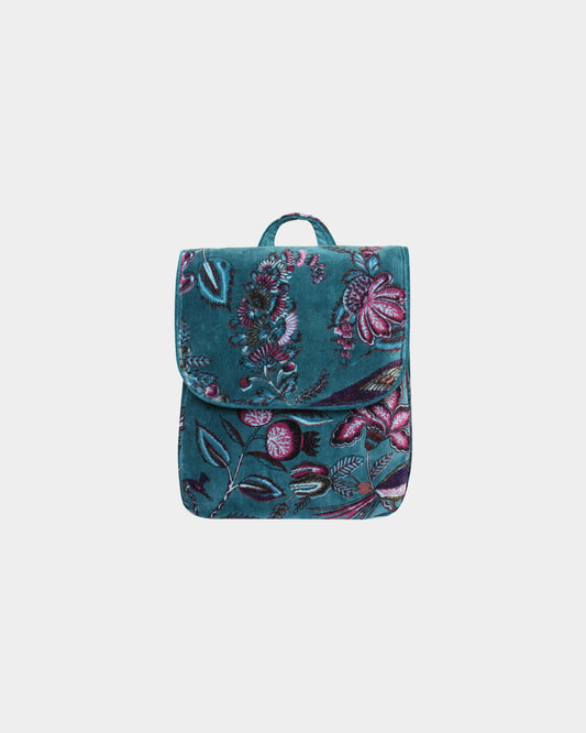 Teal Printed Velvet Backpack