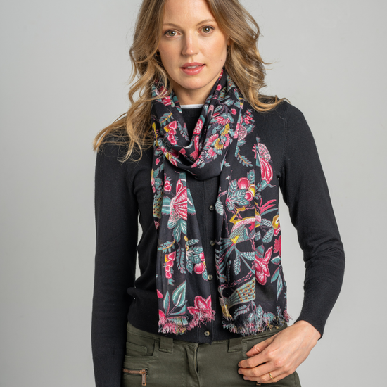 Black floral print viscose scarf, Earth Squared