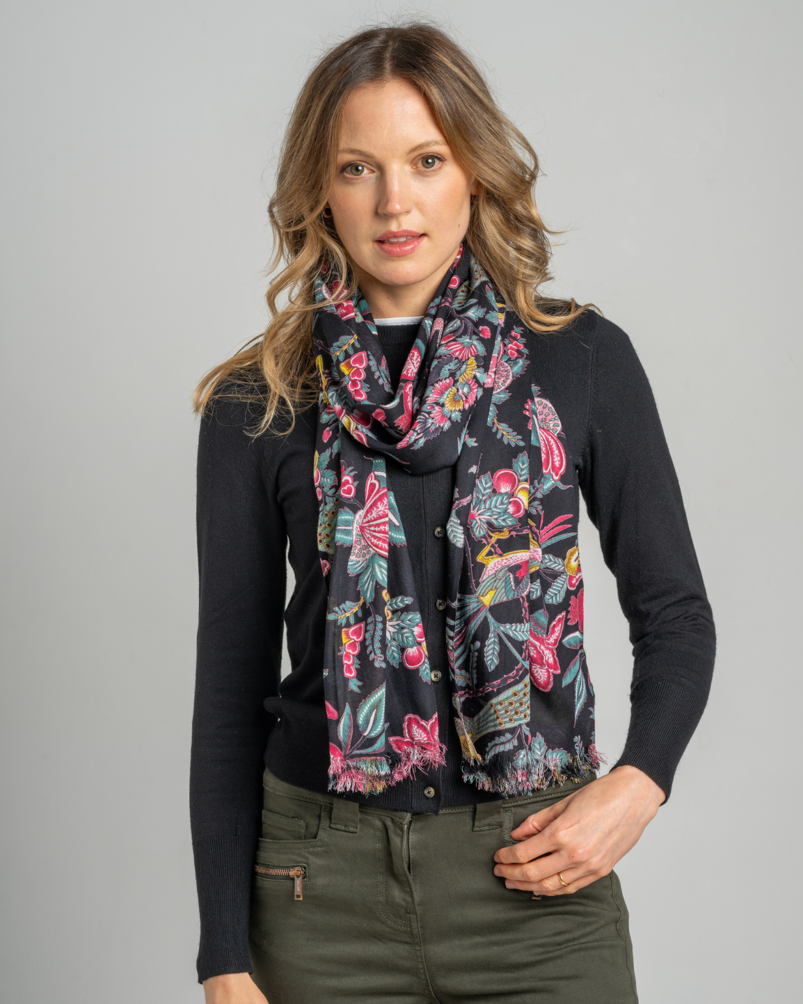 Black floral print viscose scarf, Earth Squared