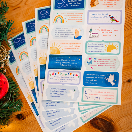 Sheets of everyday Bible verse stickers with cheerful imagery