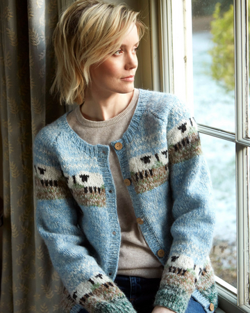 Hand-knitted mohair wool cardigan with sheep pattern, size small, Pachamama Nepal
