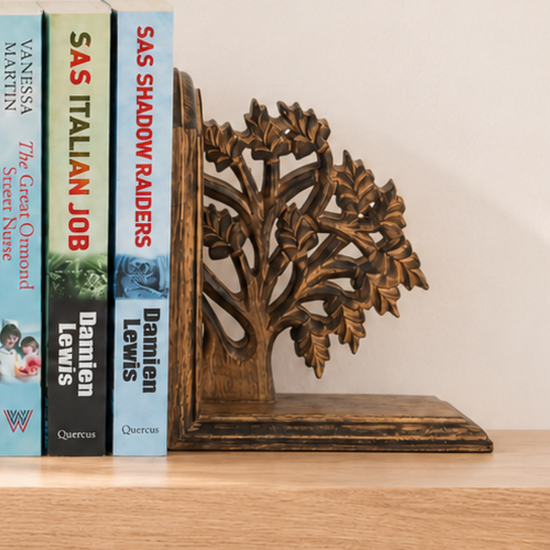 Hand-carved mango wood bookends with Tree of Life design, Fair Trade