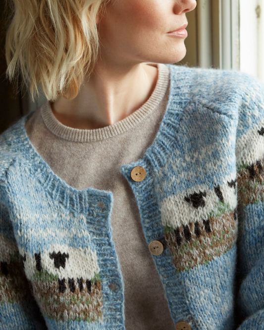 Hand-knitted mohair wool cardigan with sheep pattern, size large, Pachamama Nepal