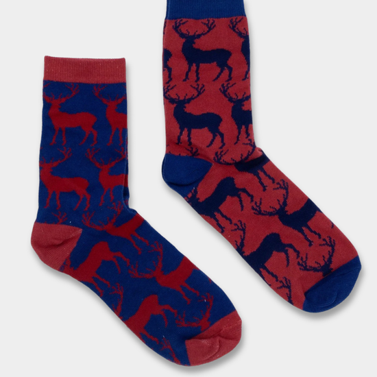 Two pairs of stag themed socks in a gift box