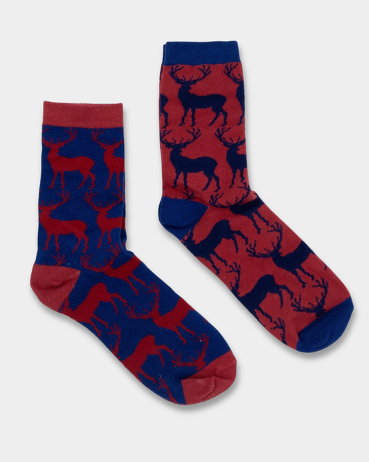 Two pairs of stag themed socks in a gift box