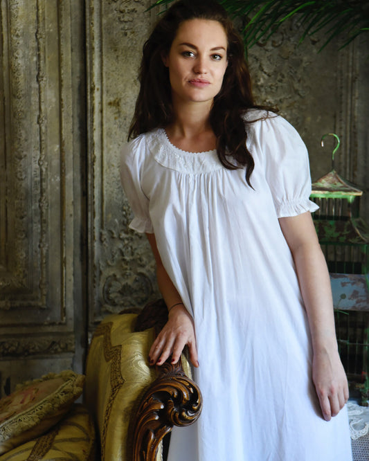 Cotton night dress with embroidered neckline and ruffled hem, Powell Craft