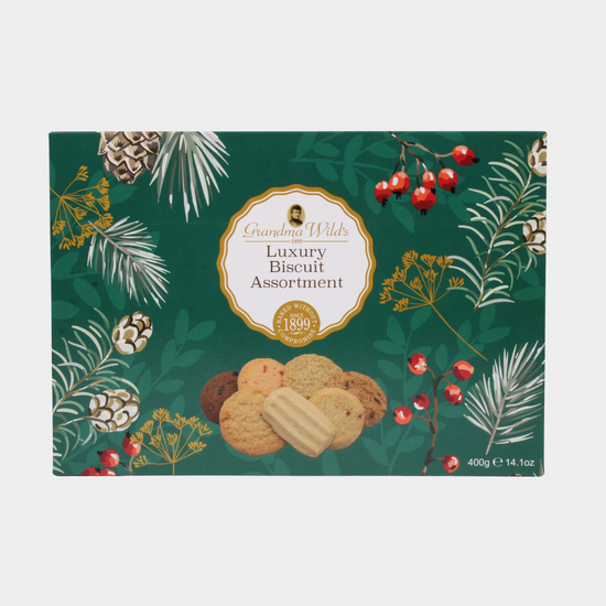 Gift-boxed assortment of luxury biscuits baked by Grandma Wild's in Yorkshire