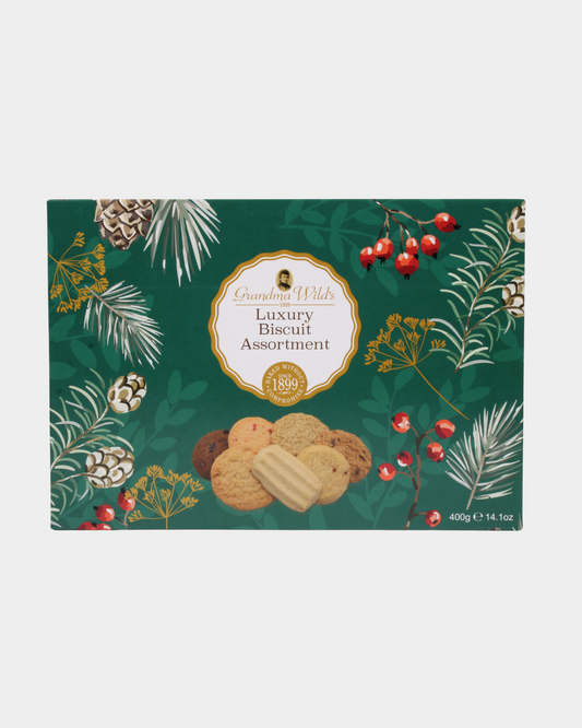 Gift-boxed assortment of luxury biscuits baked by Grandma Wild's in Yorkshire