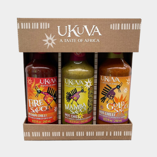 Three Ukuva African hot sauces in a gift set