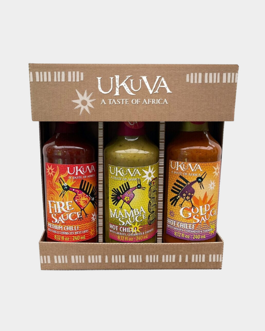 Three Ukuva African hot sauces in a gift set