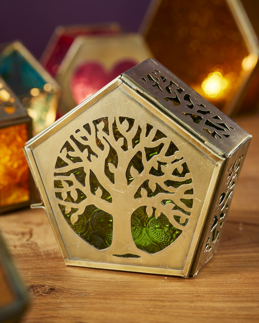 Pentagon Tree of Life Lantern Green, 12x5.5x12cm