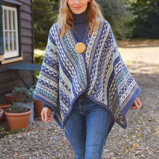 Denim fair isle hand-knitted wool wrap with carved wooden brooch, Pachamama Nepal