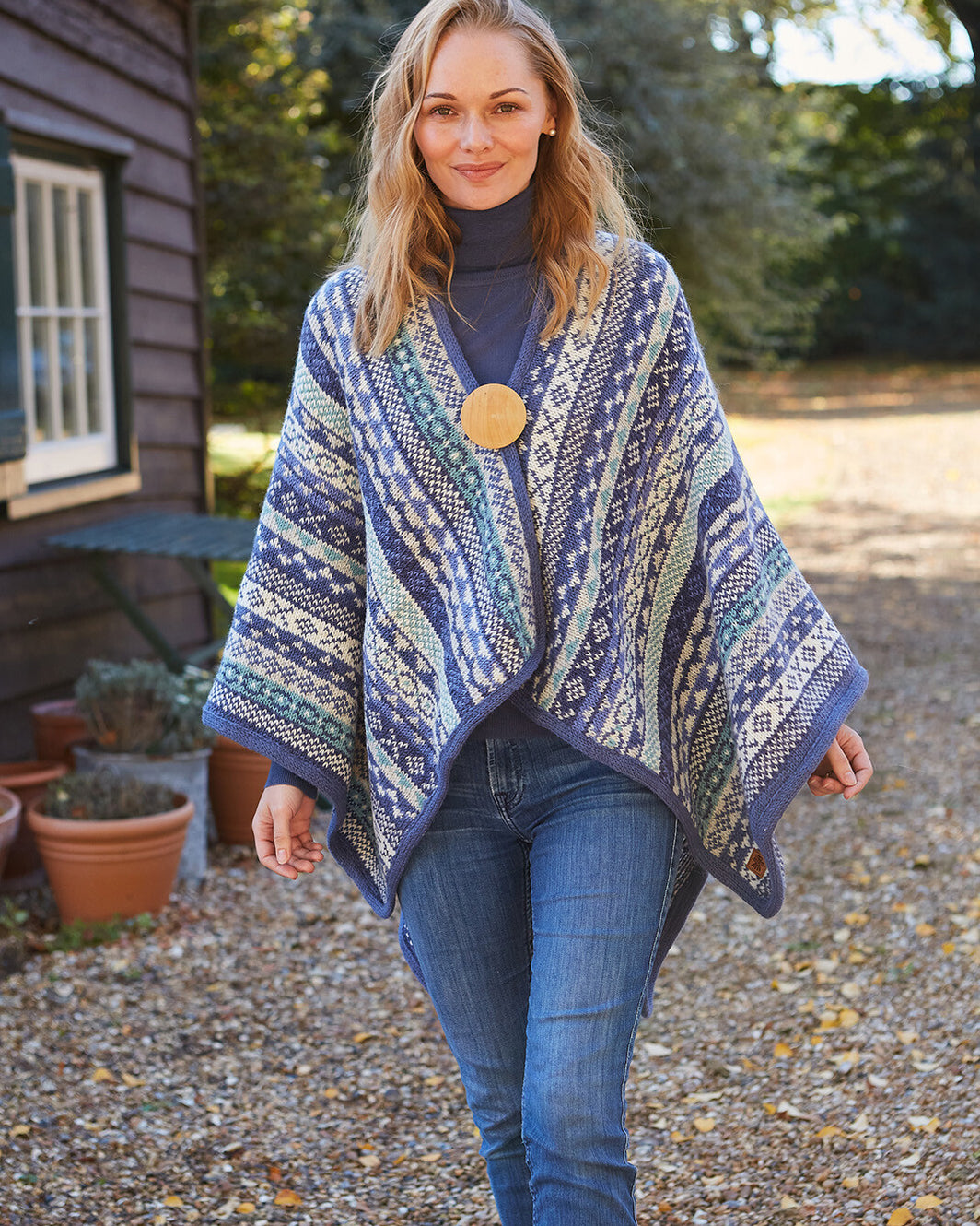 Denim fair isle hand-knitted wool wrap with carved wooden brooch, Pachamama Nepal