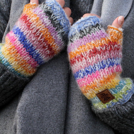 Rainbow wool and mohair children's handwarmers with sherpa fleece lining, Nepal