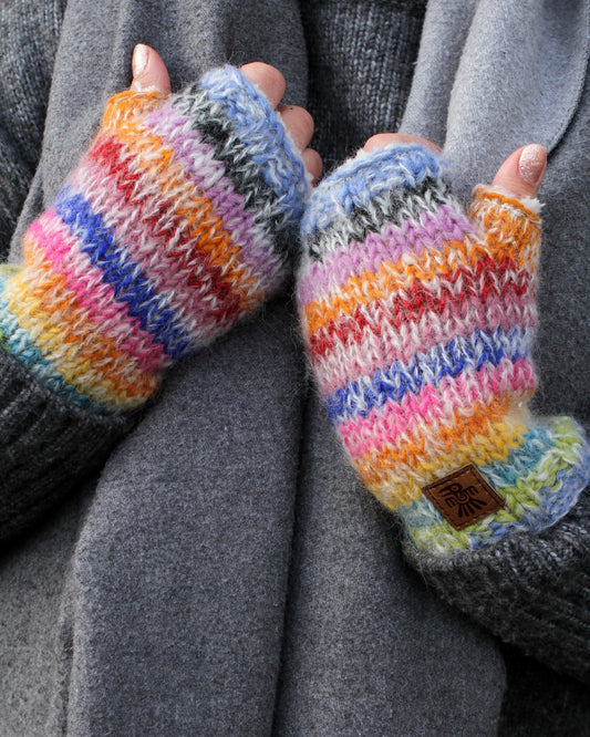 Rainbow wool and mohair children's handwarmers with sherpa fleece lining, Nepal