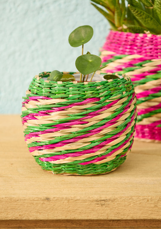 Pink Stripe Seagrass Planter Set
