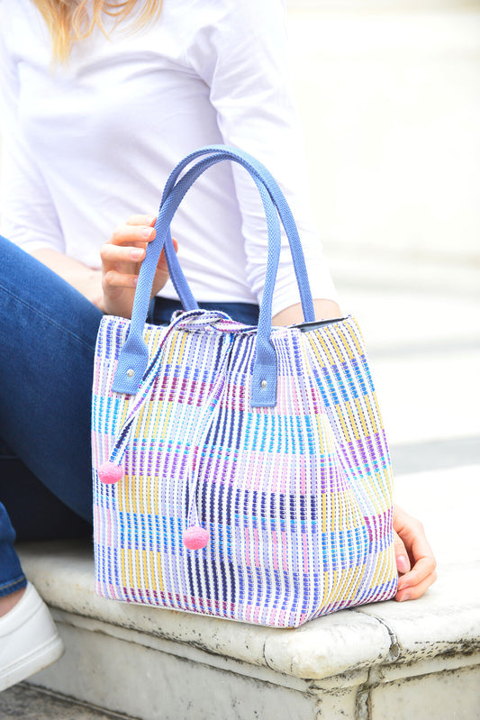 Tote with Pastel stripes and pompoms