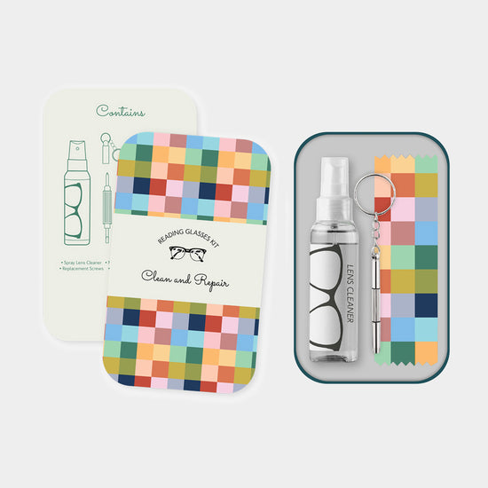 Spectacle clean and repair kit in a keepsake tin