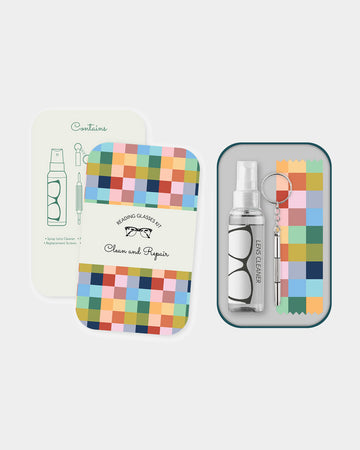 Spectacle clean and repair kit in a keepsake tin