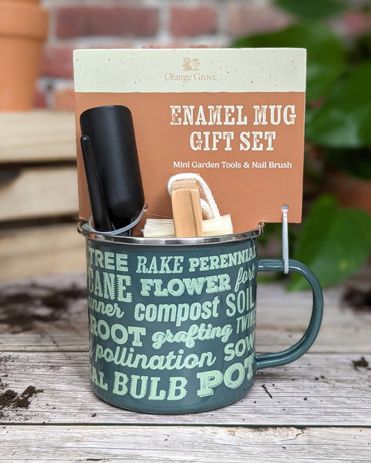 Green enamel mug with mini garden tools and nail brush gift set