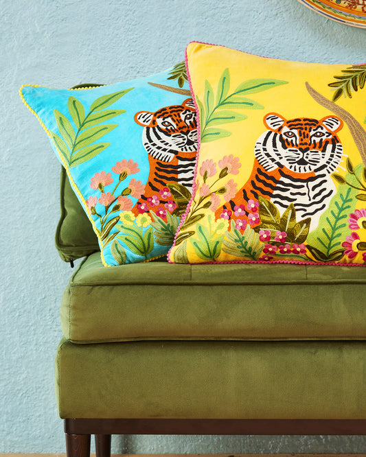 Tiger Velvet Cushion Cover - Mustard