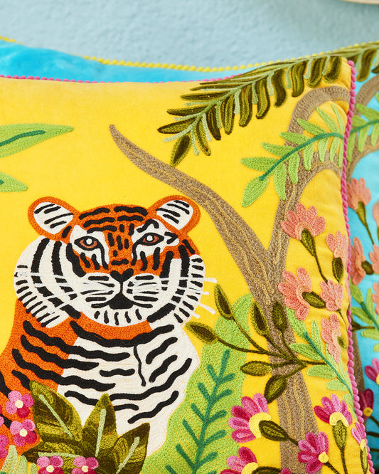 Tiger Velvet Cushion Cover - Mustard
