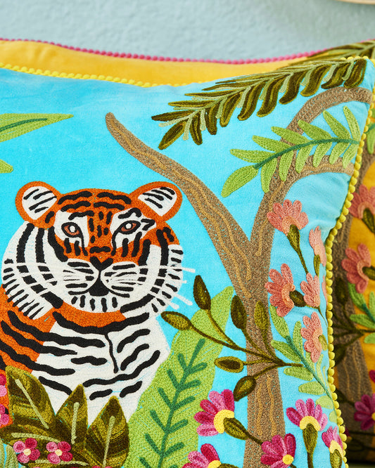 Tiger Velvet Cushion Cover - Turquoise