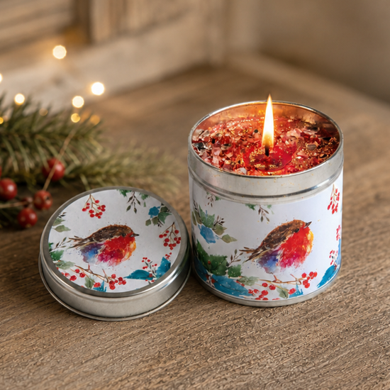 Robin design candle tin with mulled cranberry and orange fragrance