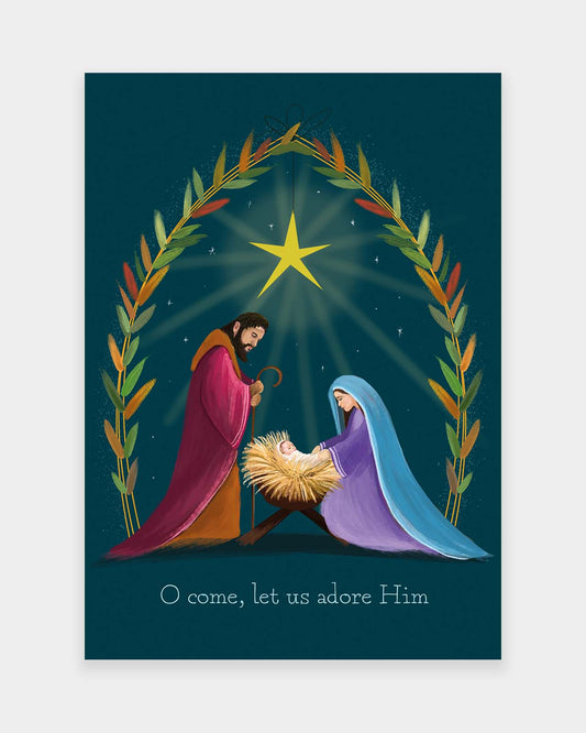 Adoring Family nativity Christmas card design, pack of 10