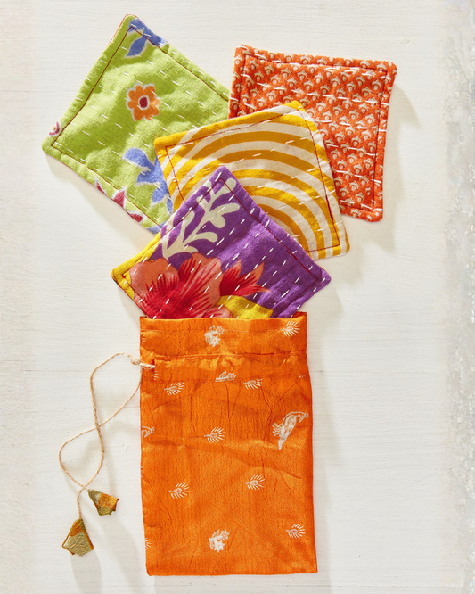 4 Recycled Sari Coasters in Sari Bag
