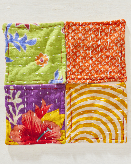 4 Recycled Sari Coasters in Sari Bag