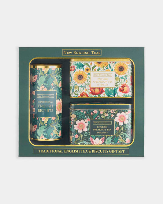 Floral design tea and biscuits tin gift set, New English Teas