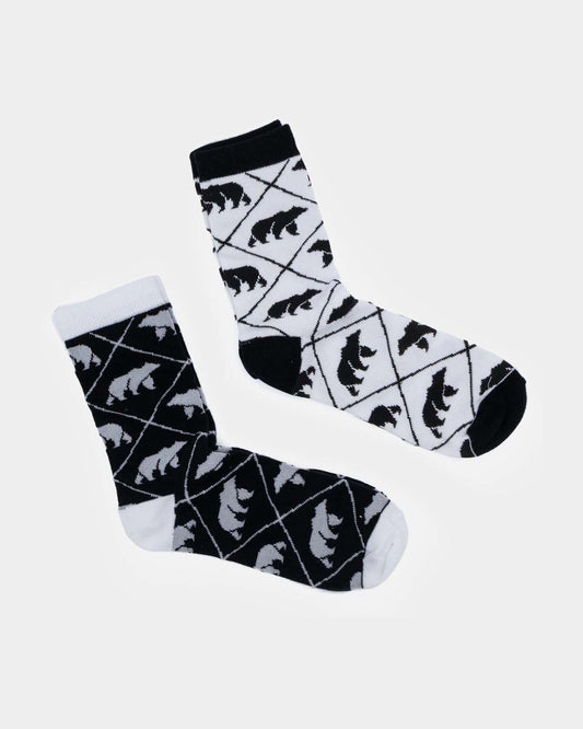 Two pairs of bear themed socks in a gift box