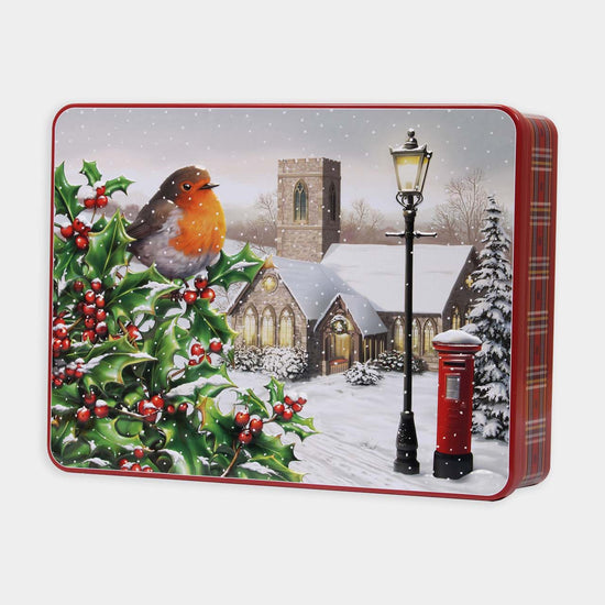 Robin and church design keepsake biscuit tin, Bramble Foods
