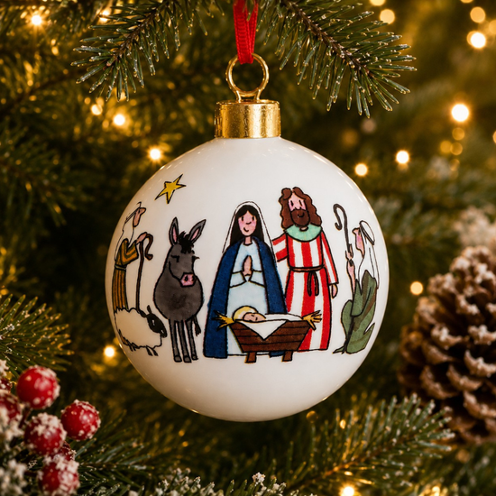 Fine bone china nativity bauble designed by Alison Gardiner