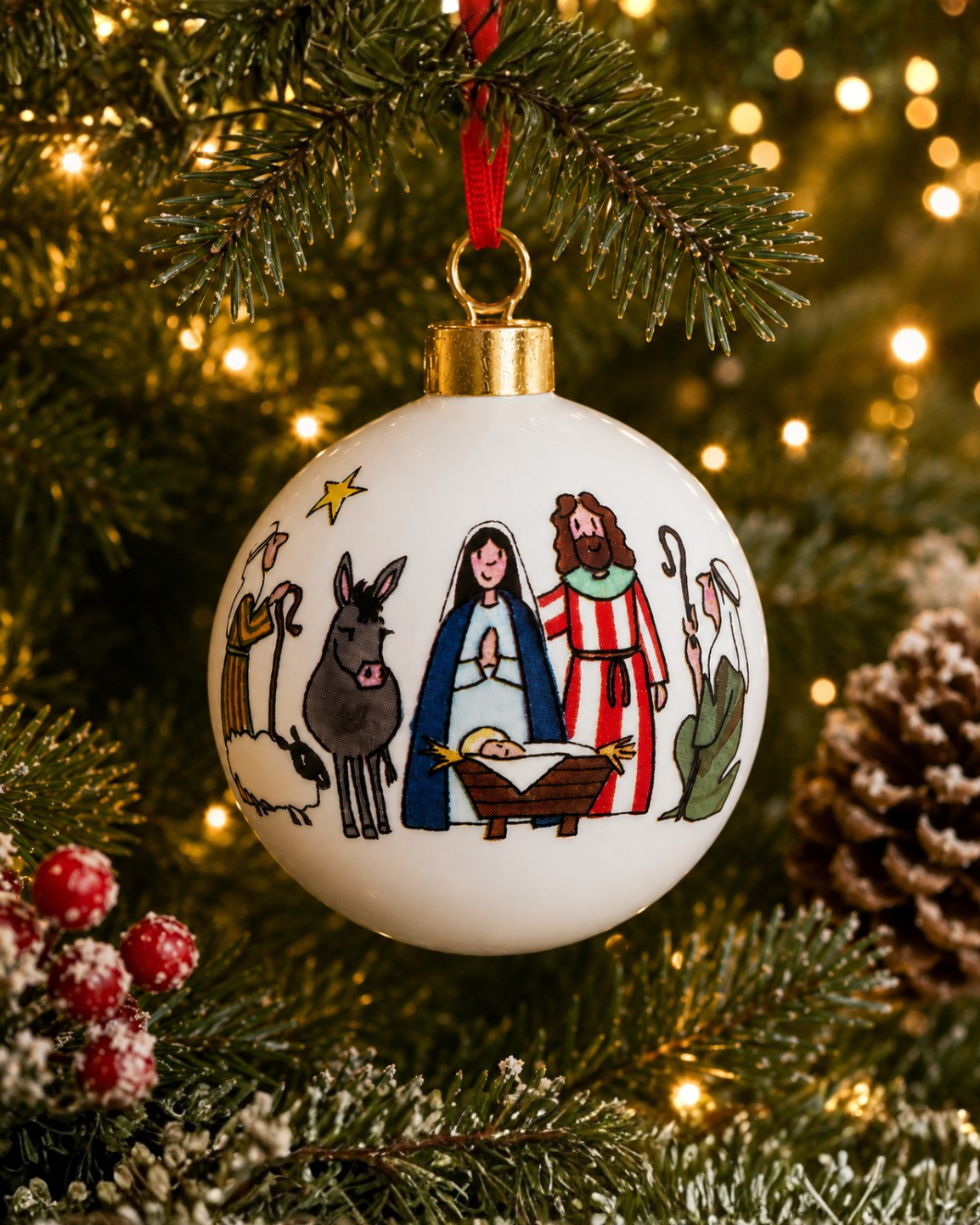 Fine bone china nativity bauble designed by Alison Gardiner