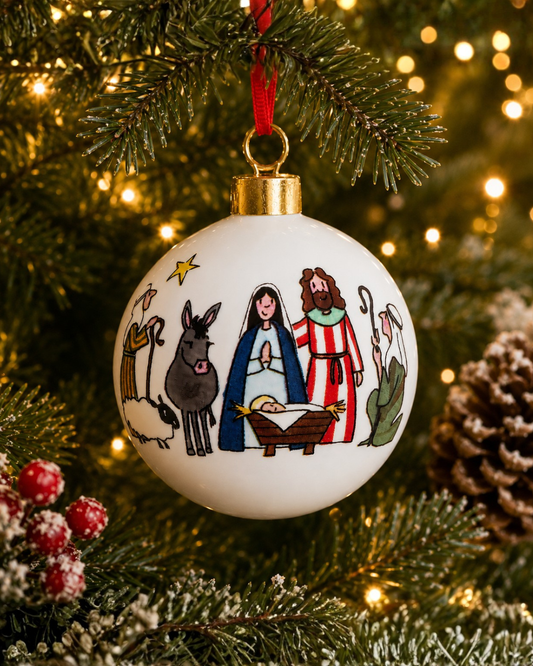 Fine bone china nativity bauble designed by Alison Gardiner