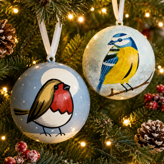 Pair of hand-painted robin and blue tit Christmas baubles, Fair Trade