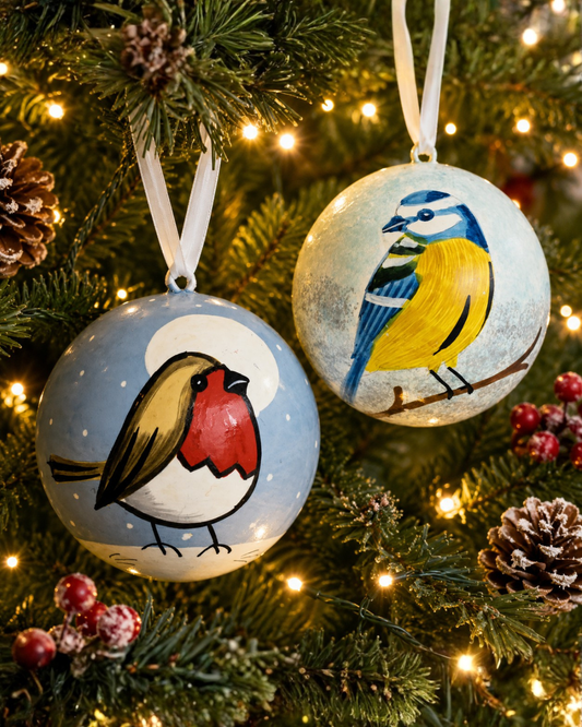 Pair of hand-painted robin and blue tit Christmas baubles, Fair Trade
