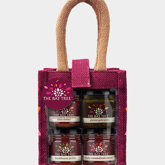 Jute gift bag of savoury chutneys and pickles, The Bay Tree