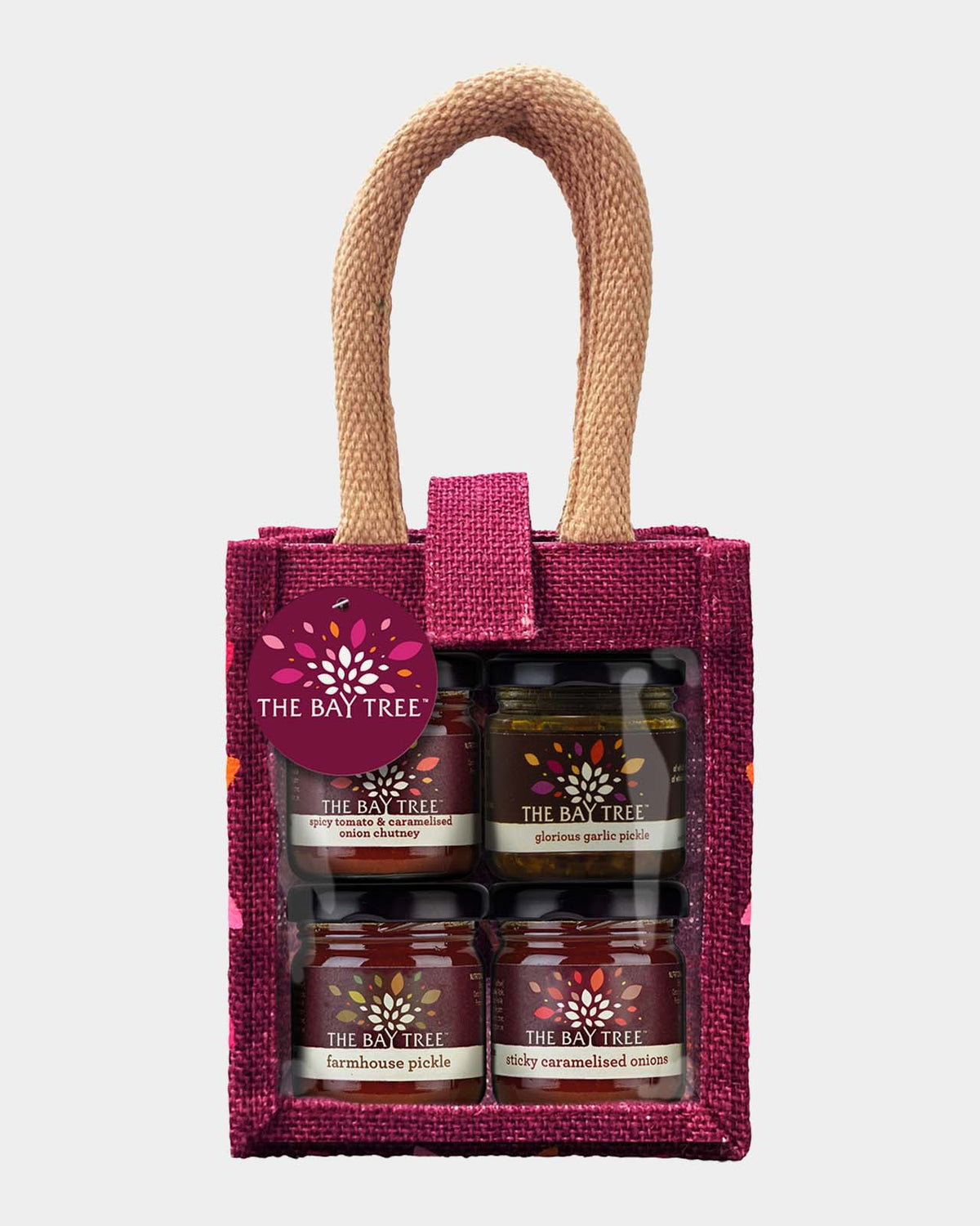 Jute gift bag of savoury chutneys and pickles, The Bay Tree