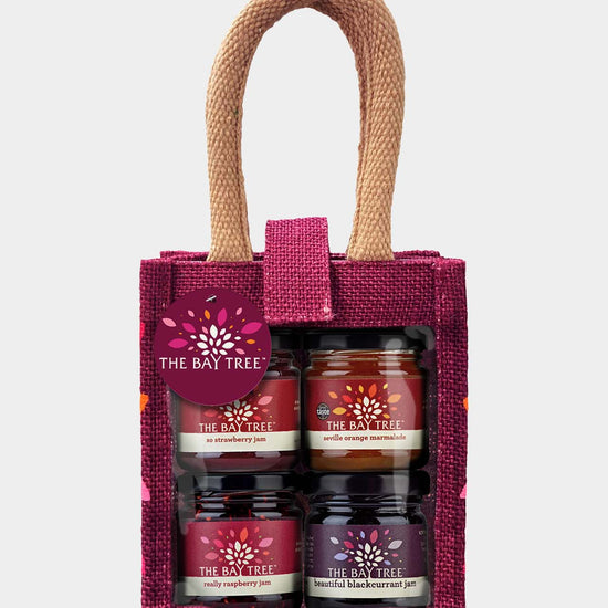 Jute gift bag of fruit preserves and jams, The Bay Tree