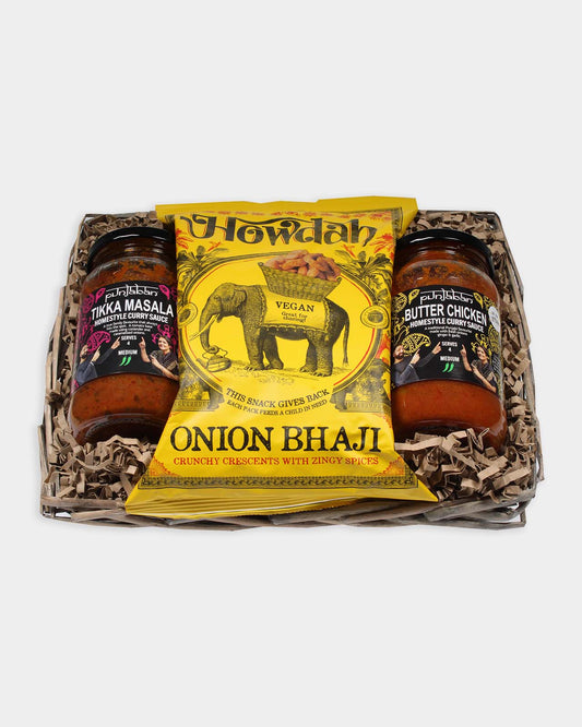 Curry night hamper with curry sauces and onion bhaji snacks