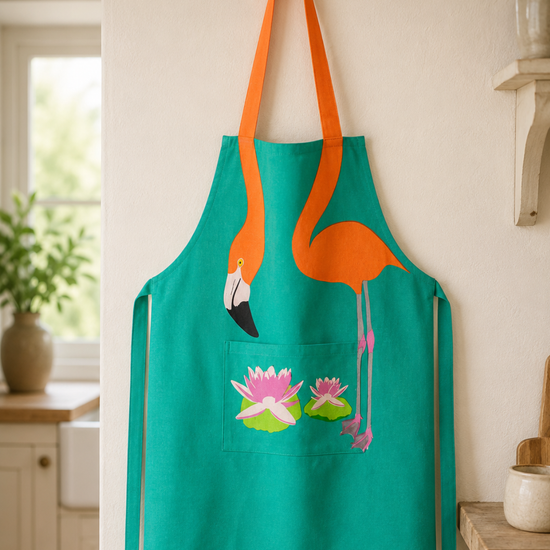 Flamingo screen-printed cotton apron, Fair Trade India