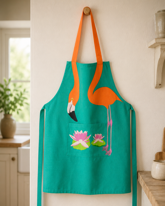 Flamingo screen-printed cotton apron, Fair Trade India
