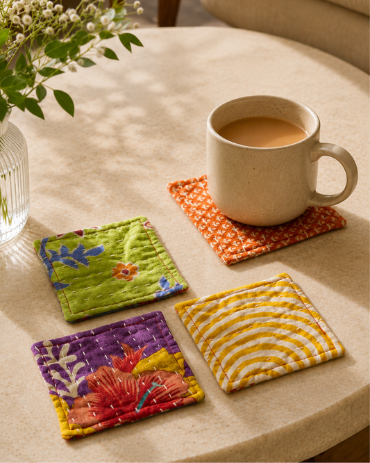 4 Recycled Sari Coasters in Sari Bag